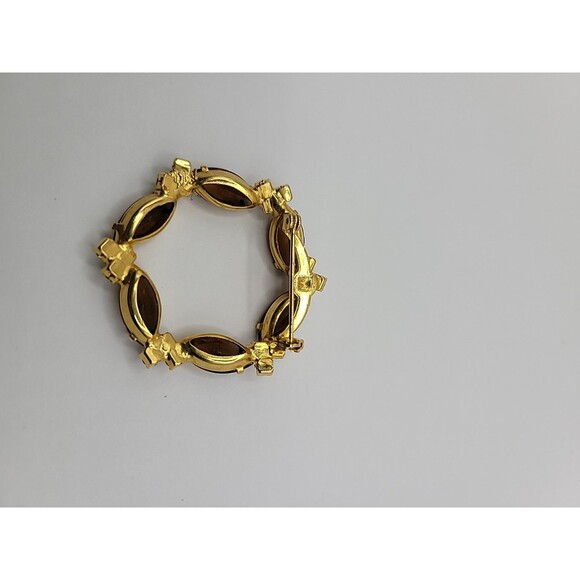 Vintage Brooch Pin Round Gold Tone Brown Yellow Crystals Jewelry Costume - Picture 9 of 13